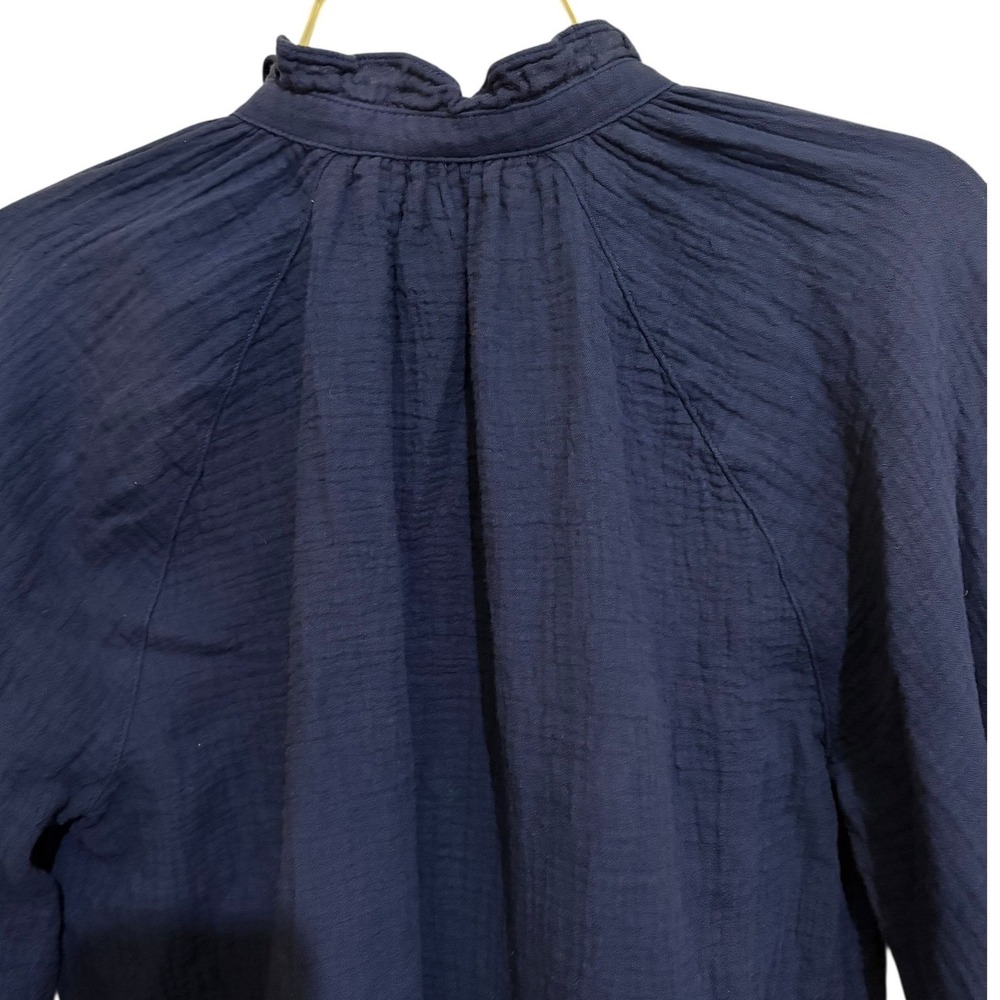 H&M Blouse Small Navy Blue Cotton Gauze Ruffle Neck Balloon Sleeve Boho Cottage - Picture 6 of 10
